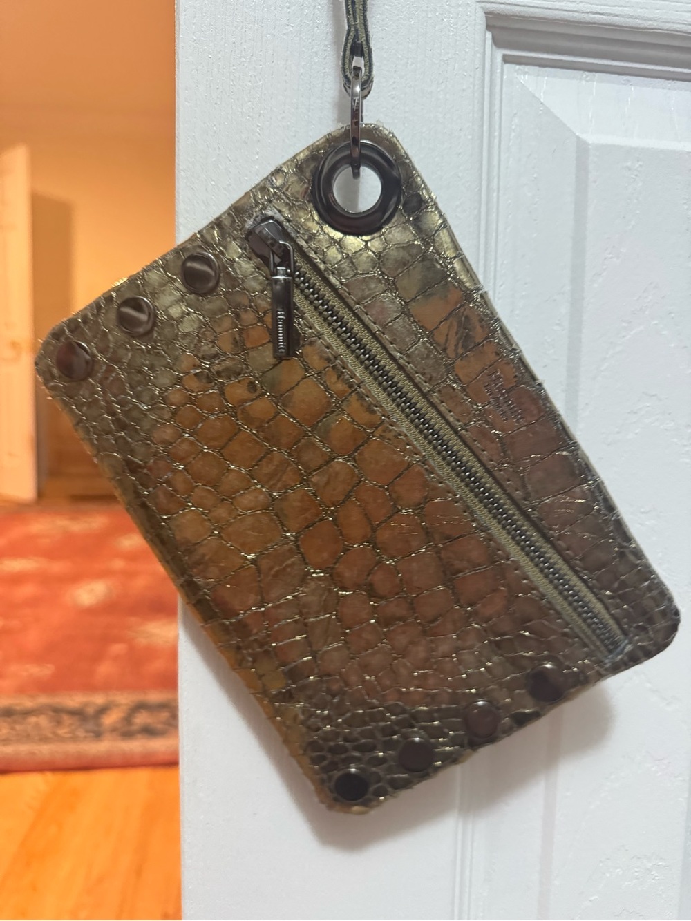 Hammitt Metallic Gold Croc Embossed Leather Wristlet Clutch Studded Bag